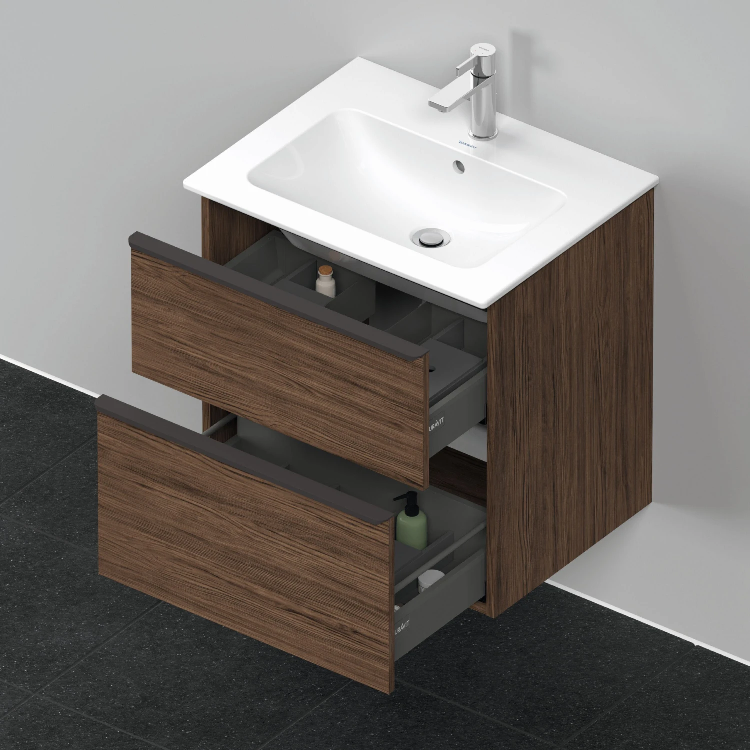 Duravit D-Neo Waschtisch-Unterschrank DE436102121 61 X 46,2 Cm, Nussbaum Dunkel, Wandhängend, 1 Schubkasten, 1 Auszug 5 Duravit D-Neo Waschtisch-Unterschrank DE436102121 61 X 46,2 Cm, Nussbaum Dunkel, Wandhängend, 1 Schubkasten, 1 Auszug – Bild 3