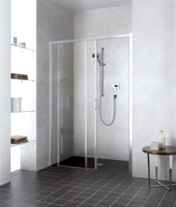 Kermi Liga Gleittür 2-tlg. Bodenfrei Mit Festfeld LID2L160201AK 156-161x200cm, Silber Mattglanz, ESG Klar, Links, Auf Duschwanne