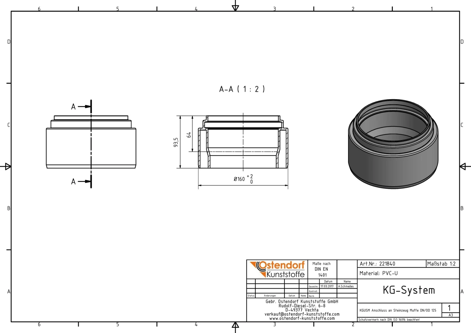 Ostendorf Kg KG Anschluss-Stück 221840 DN/OD 125, An Steinzeugmuffe 4 Ostendorf Kg KG Anschluss-Stück 221840 DN/OD 125, An Steinzeugmuffe – Bild 2