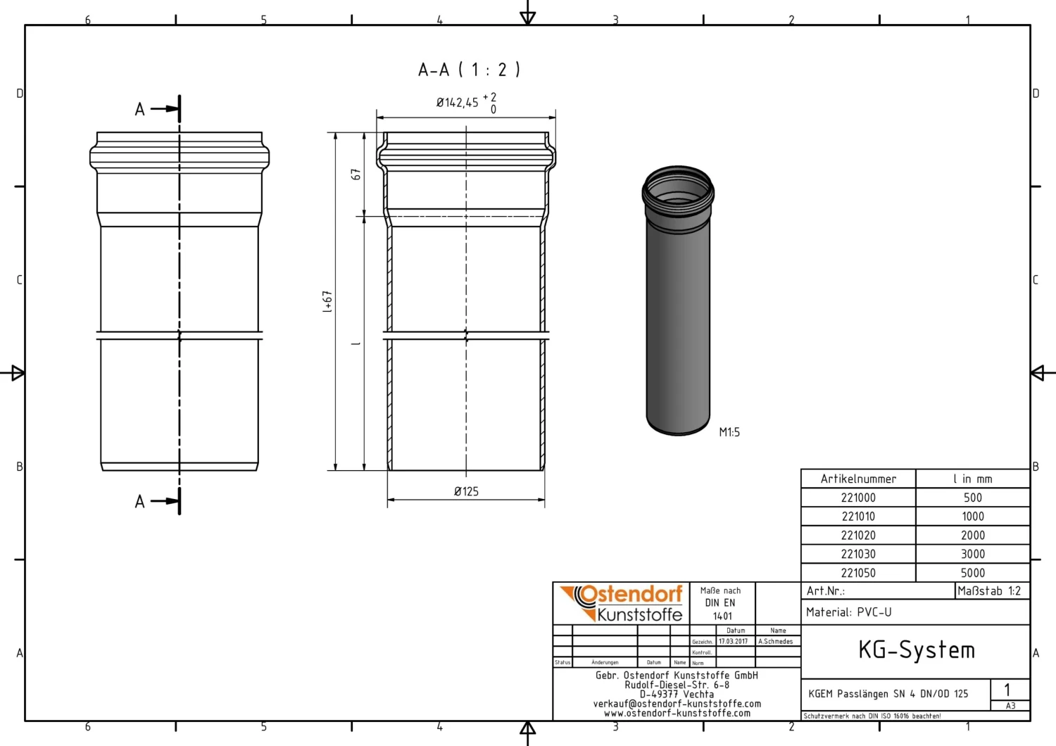 Ostendorf Kg KG Rohr SN 4 Coex 221010 DN/OD 125 X 3,2 Mm, 1000 Mm, Mit Muffe 4 Ostendorf Kg KG Rohr SN 4 Coex 221010 DN/OD 125 X 3,2 Mm, 1000 Mm, Mit Muffe – Bild 2