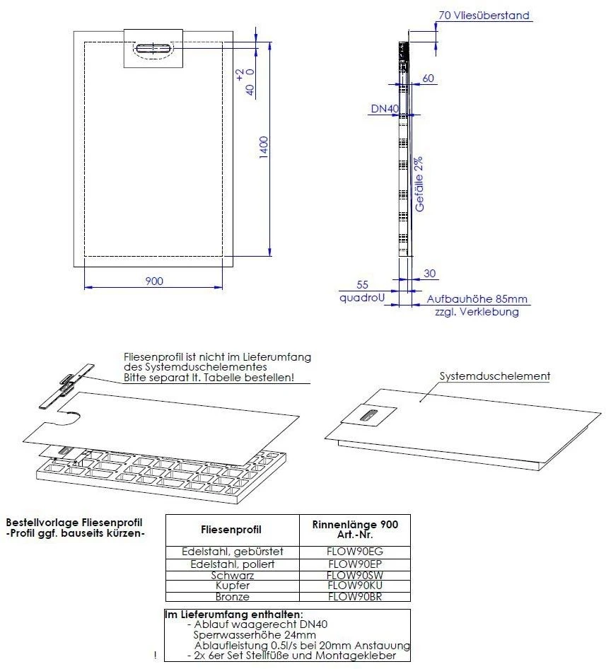 Schedel Line Flow Duschelement LI2KF609014 90 X 140 Cm, Einseitiges Gefälle 4 Schedel Line Flow Duschelement LI2KF609014 90 X 140 Cm, Einseitiges Gefälle – Bild 2