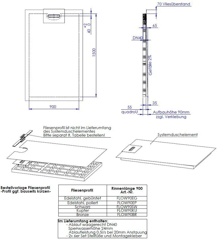 Schedel Line Flow Duschelement LI2KF609015 90 X 150 Cm, Einseitiges Gefälle 4 Schedel Line Flow Duschelement LI2KF609015 90 X 150 Cm, Einseitiges Gefälle – Bild 2
