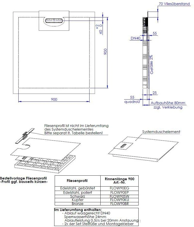 Schedel Line Flow Duschelement LI2KF609090 90 X 90 Cm, Einseitiges Gefälle 4 Schedel Line Flow Duschelement LI2KF609090 90 X 90 Cm, Einseitiges Gefälle – Bild 2